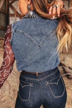 Ashleigh Blue Solid Denim Button Front Pocket Sleeveless Cowboy Vest