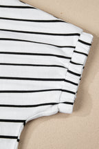 Black Stripe Stand Collar V Neck Elastic Cuffs Half Sleeve Dolman Top
