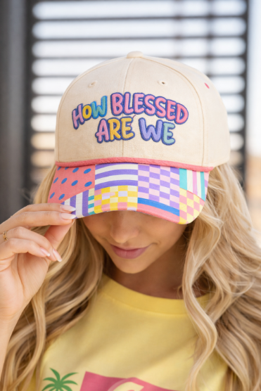 "HOW BLESSED ARE WE" on Tan Cap With Patch Work