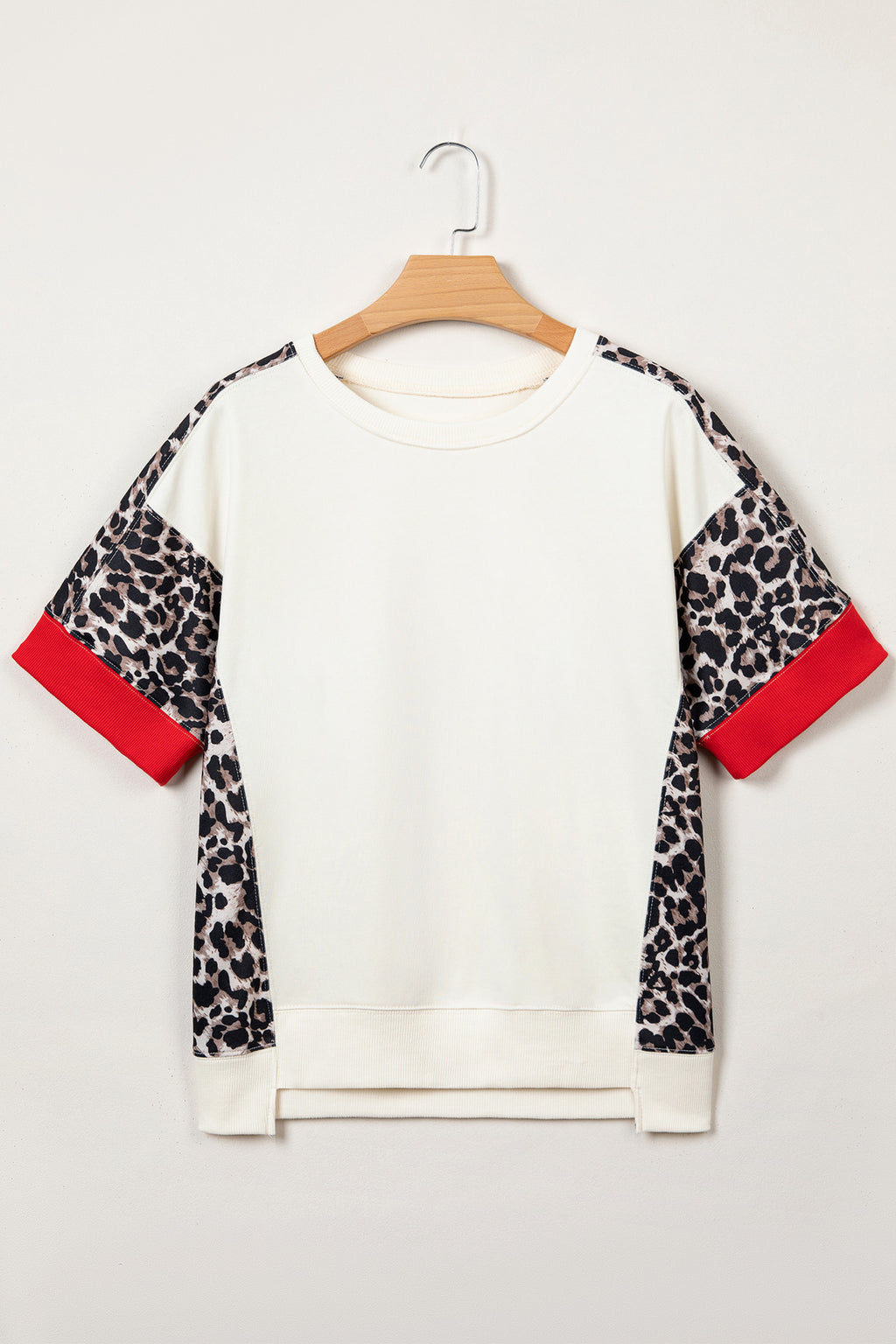 Beige Leopard Block Patchwork Uneven Hem Short Sleeve Top