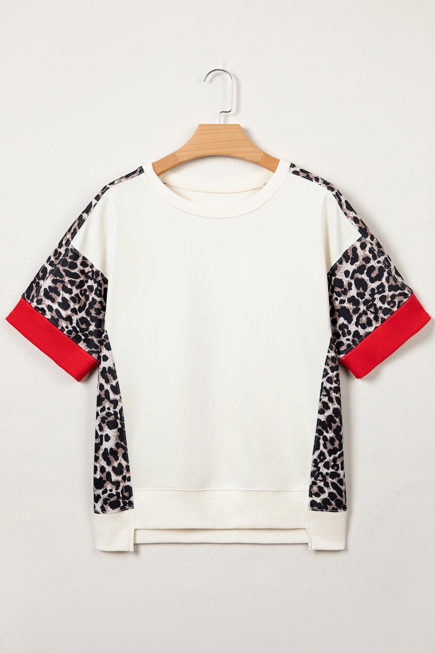 Beige Leopard Block Patchwork Uneven Hem Short Sleeve Top