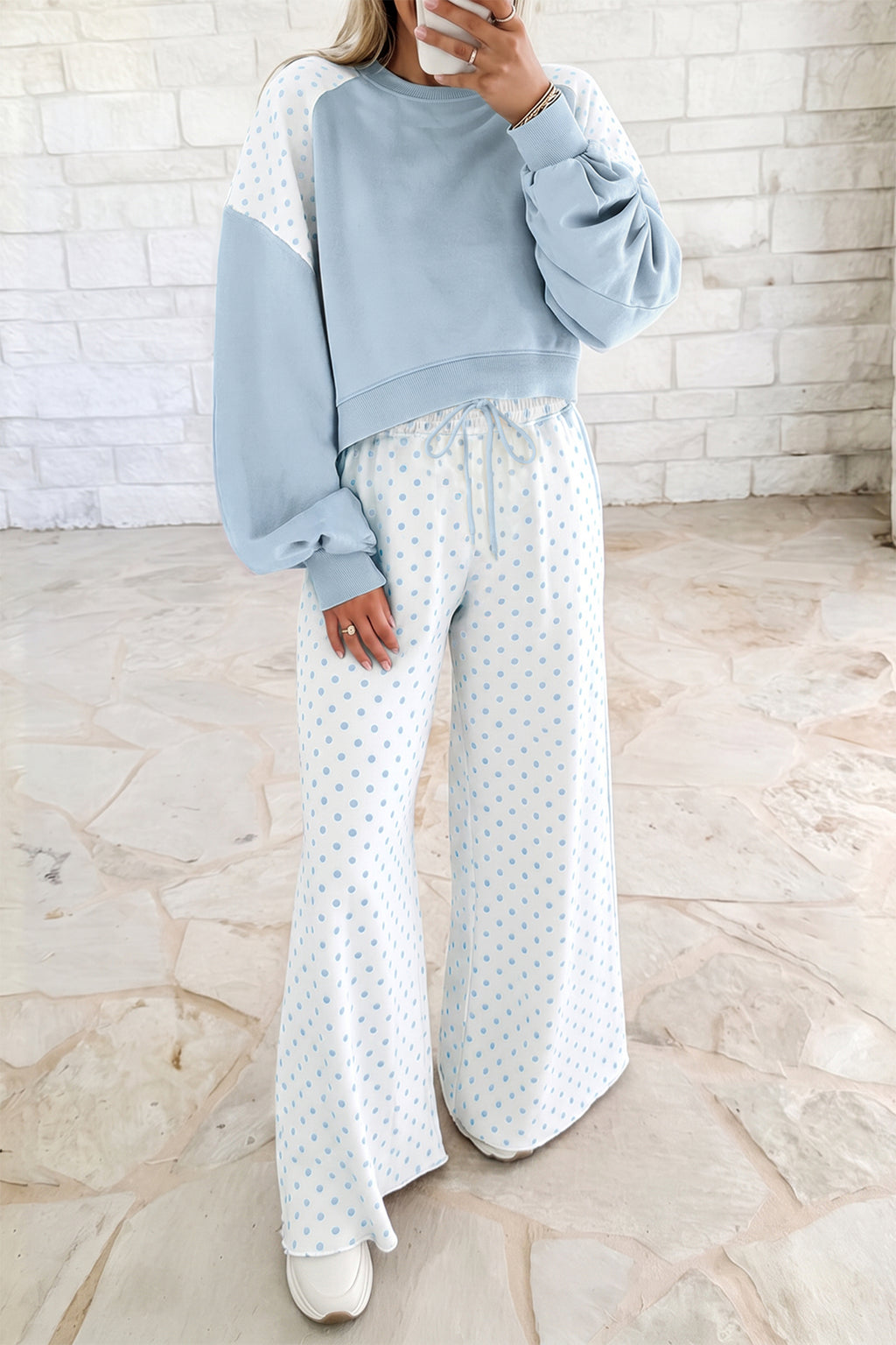 Polka dot patchwork colorblock long sleeve two-piece pants set by Dear-Lover with casual style and vibrant patchwork design.