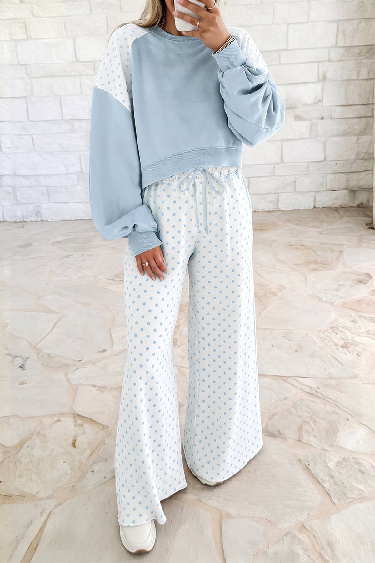 Polka dot patchwork colorblock long sleeve two-piece pants set by Dear-Lover with casual style and vibrant patchwork design.