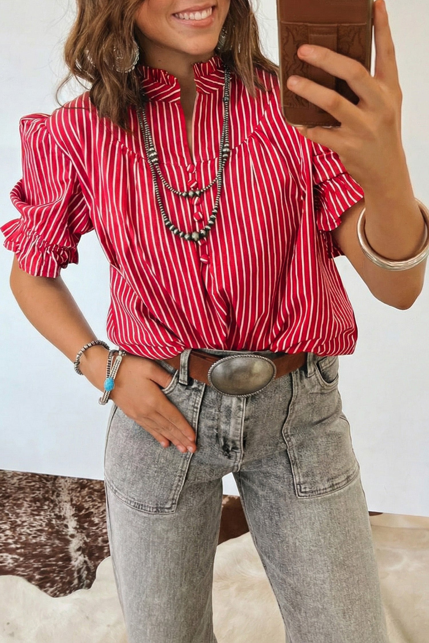 Stripe Ruffled Short Puff Sleeve Button Front Blouse