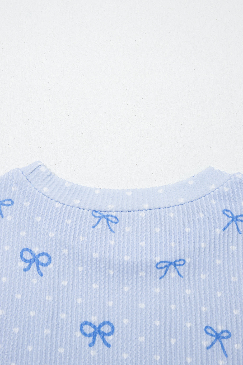 Sky Blue  Bow Print Twisted Rib Loose Long Sleeve Top 2pcs Short Set