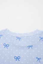 Sky Blue  Bow Print Twisted Rib Loose Long Sleeve Top 2pcs Short Set