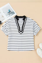 Black Stripe Stand Collar V Neck Elastic Cuffs Half Sleeve Dolman Top