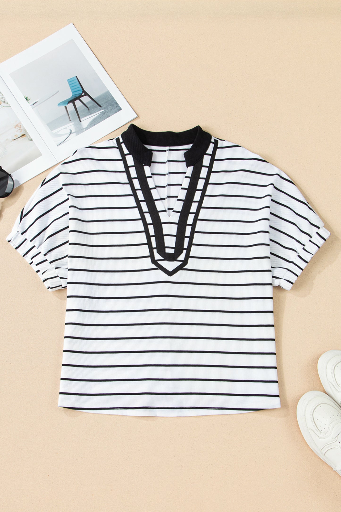 Black Stripe Stand Collar V Neck Elastic Cuffs Half Sleeve Dolman Top