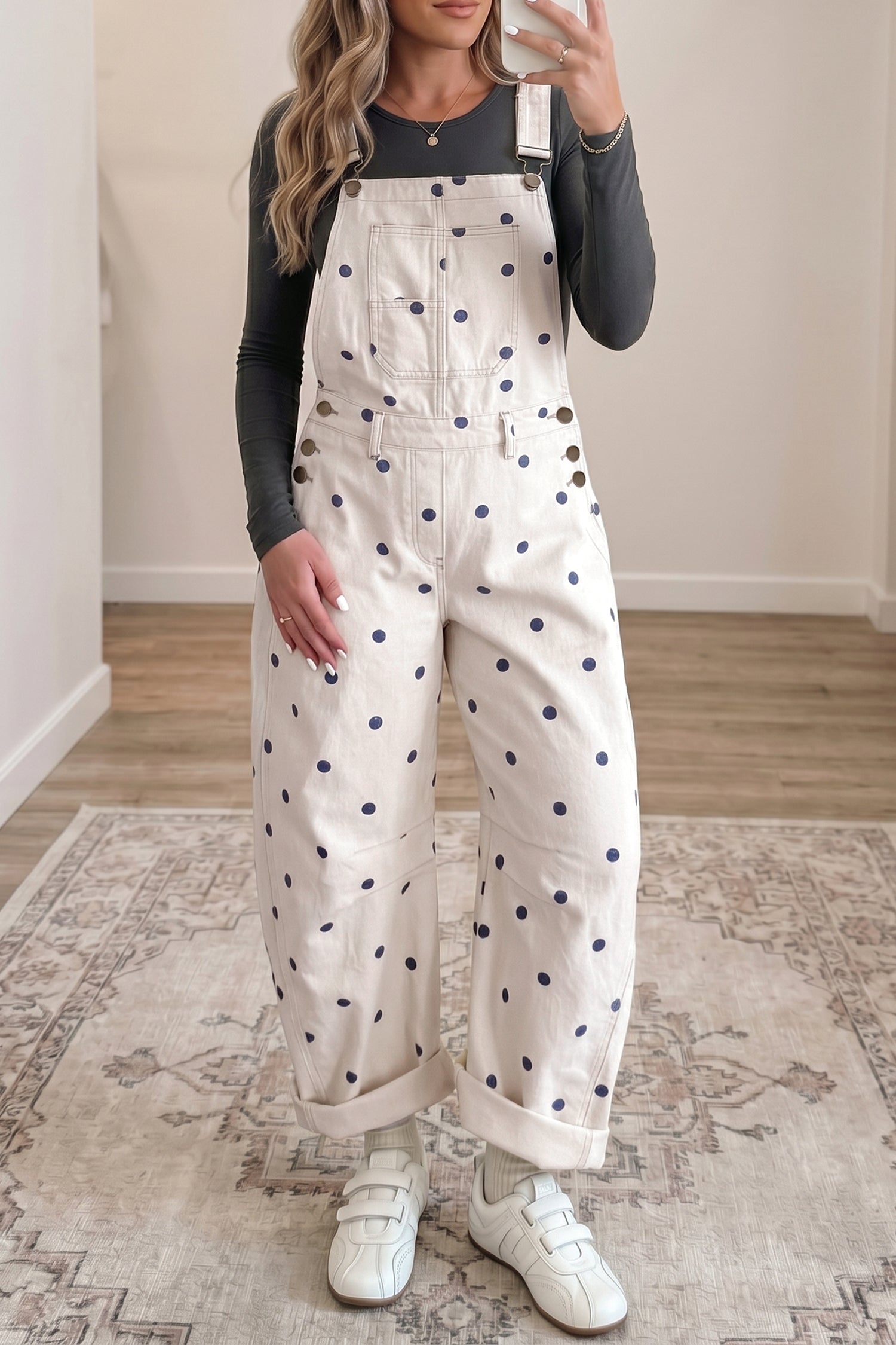 Polka Dot Print Bib Pocket Denim Barrel Overalls Jumpsuit