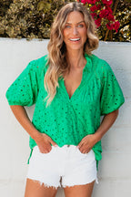 White Flower Embroidered Hollow-out Puff Sleeve Blouse