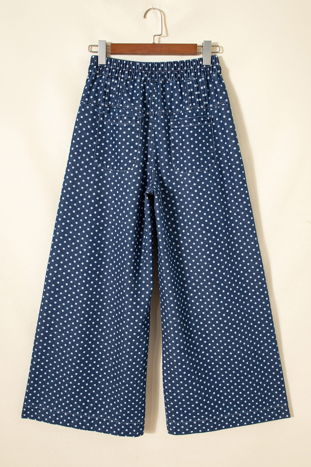 Sky Blue Polka Dot Print Button Pleated Detail Wide Leg Jeans