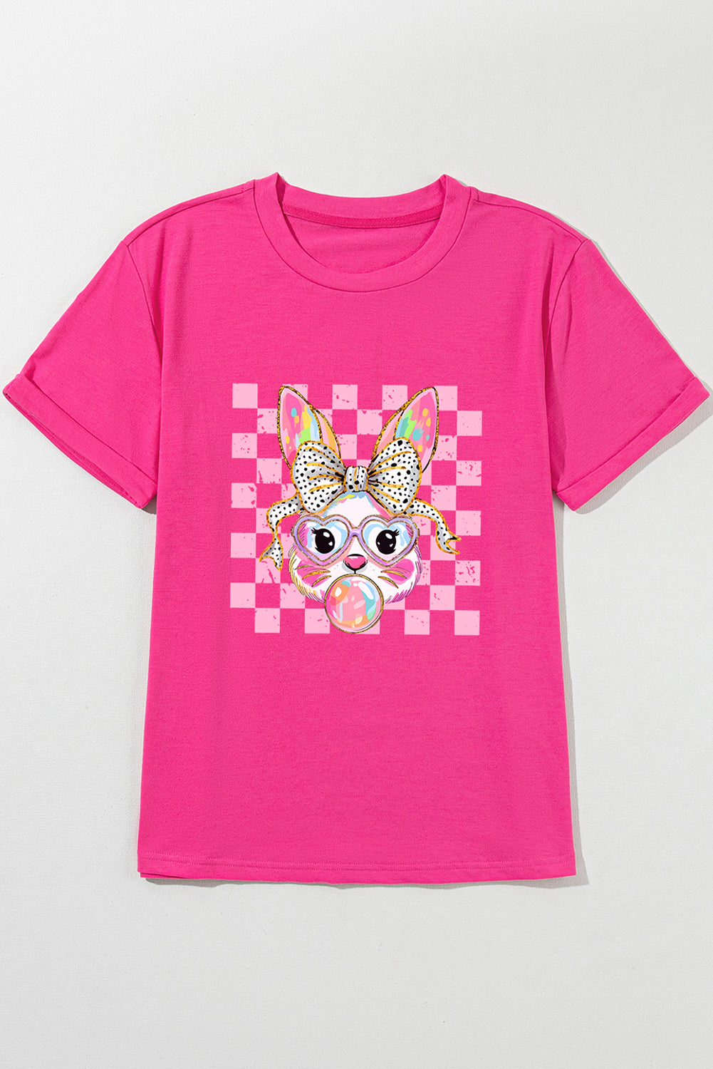 Rose Red Plaid Bubble Gum Rabbit Graphic Easter T Shirt
