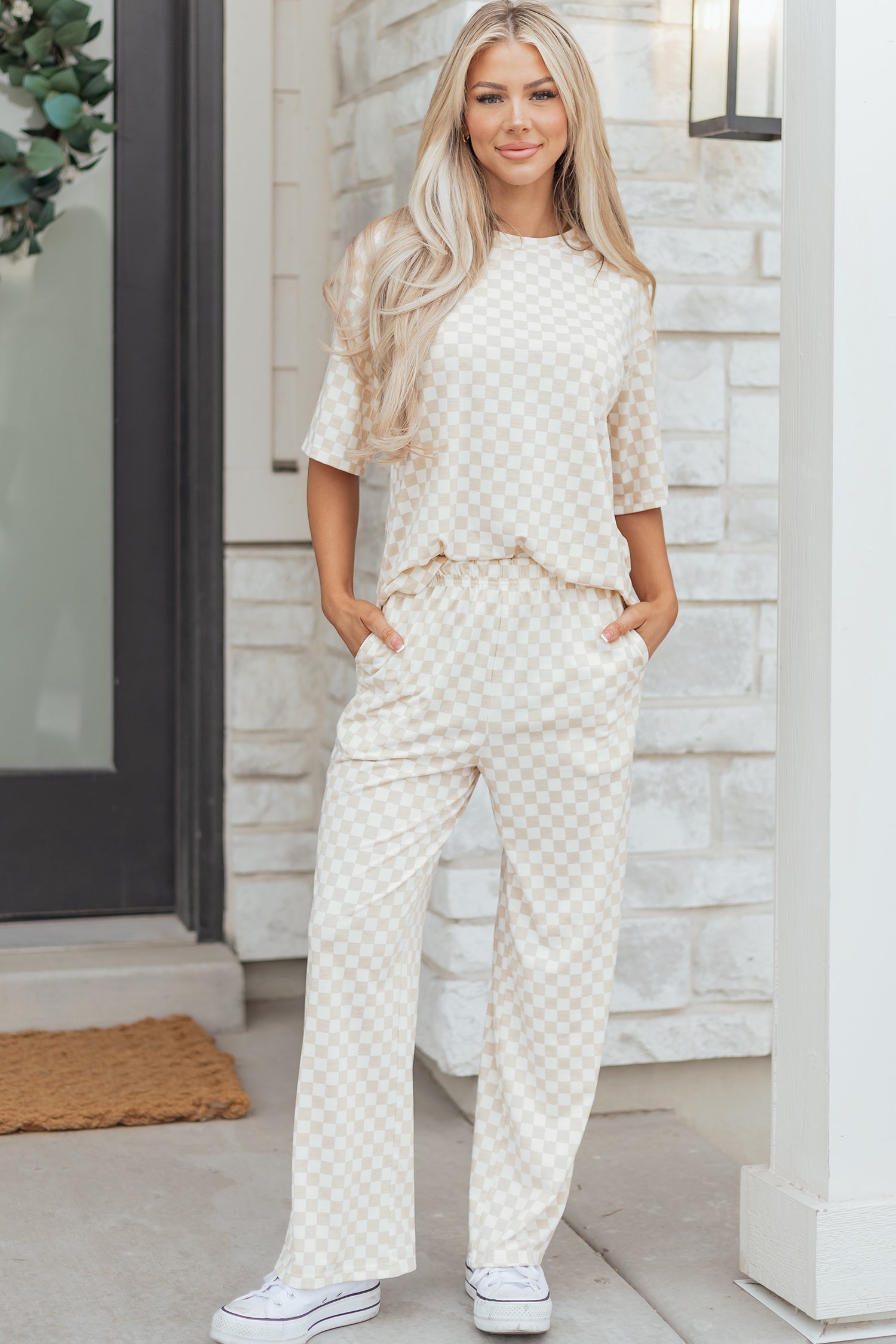 Rose Checkered Print Half Sleeve Tee 2pcs Lounge Pant Set