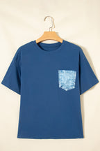 Sail Blue Color Block Chest Pocket Patched Casual Short Sleeve Top