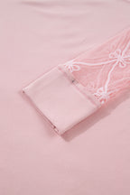 Light Pink Solid Color Bow Textured Patchwork Long Sleeve Tee