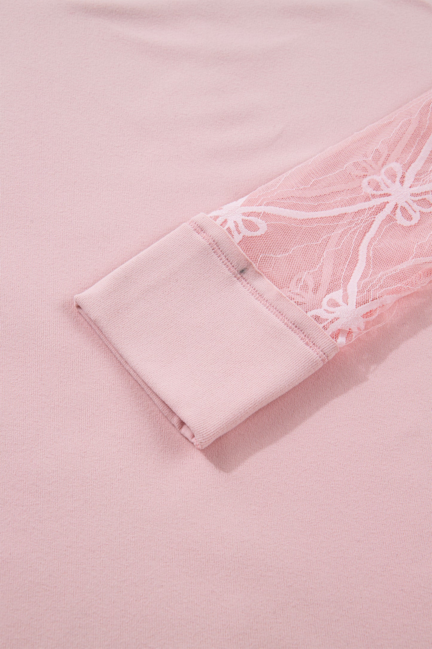 Light Pink Solid Color Bow Textured Patchwork Long Sleeve Tee