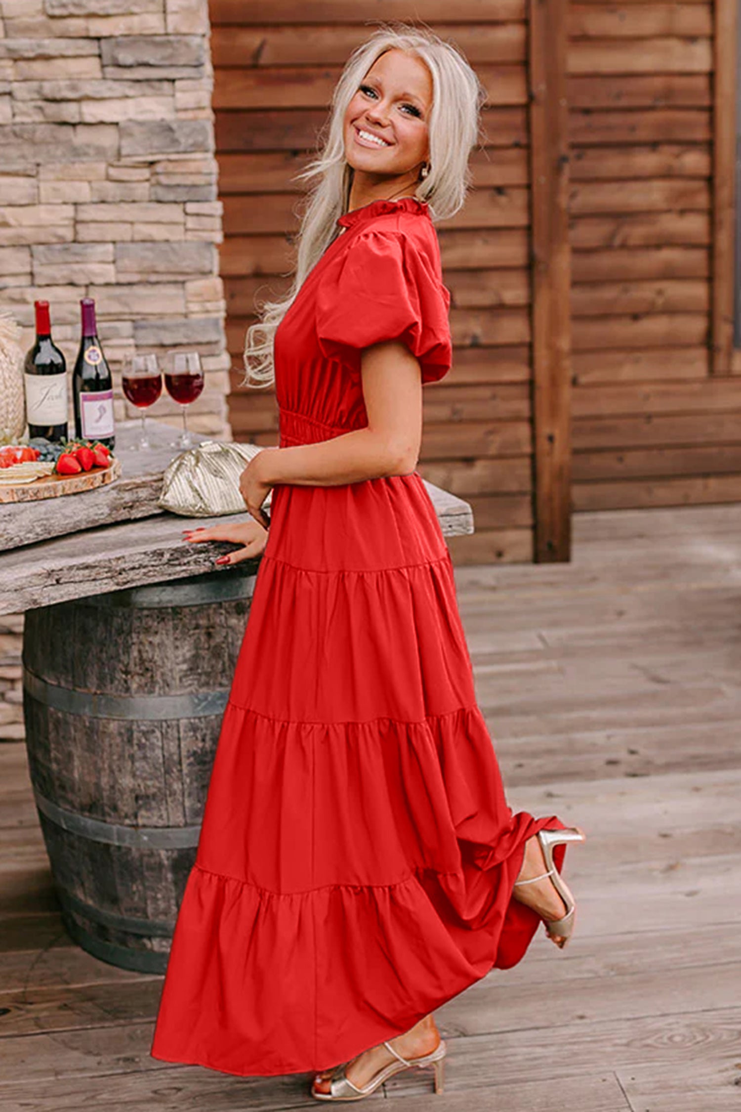 Solid Color V Neck Short Puff Sleeve High Waist Tiered Maxi Dress