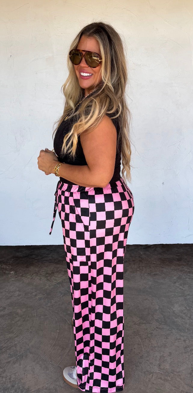 Pink/Black Checkered Wide Leg Pants