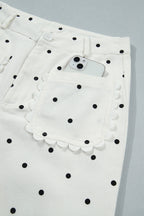 White Polka Dot Print Scalloped Patch Pocket Cotton Shift Pants