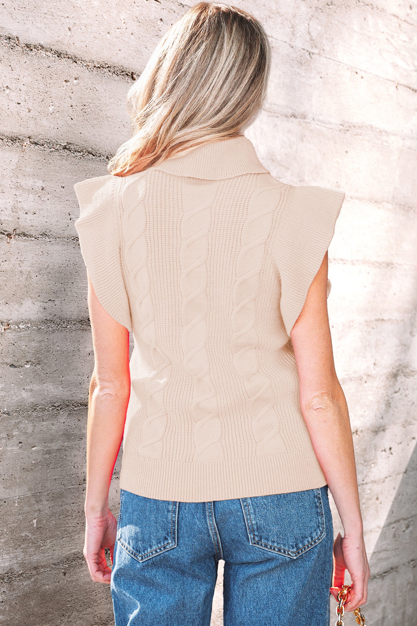 Jet Stream Cable Knit Turtleneck Ruffled Short Sleeve Sweater