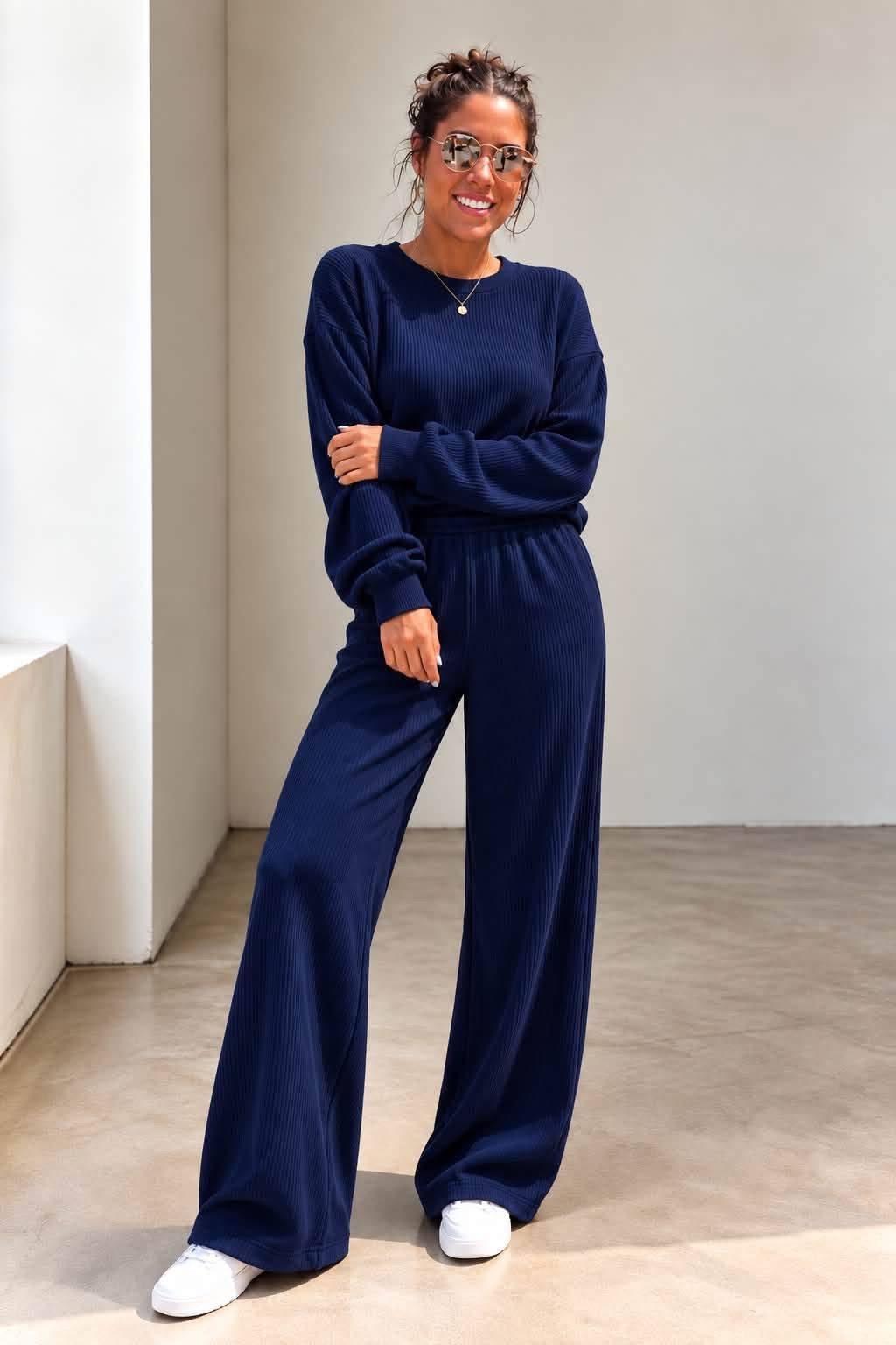 Comfort Co back to basics ribbed knit set featuring a cozy, fitted top and matching high-waisted ribbed pants.