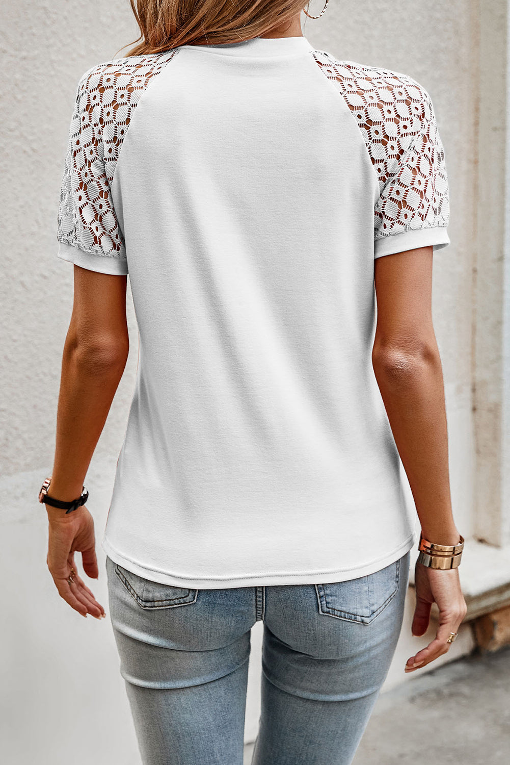 Mist Blue Seamed Detail Contrast Lace Raglan Sleeve Tee