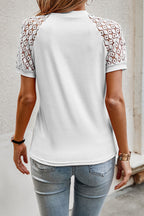 Mist Blue Seamed Detail Contrast Lace Raglan Sleeve Tee