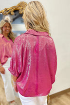 Collared V Neck Half Sleeve Metallic Top