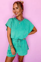 Mineral Wash Drawstring Elastic Waistband Hollow Out Back Short Sleeve Romper