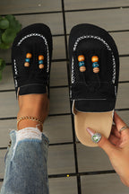 Color black Boho Bow Fringed Faux Suede Slip-on Loafers Square Toe Casual Slippers
