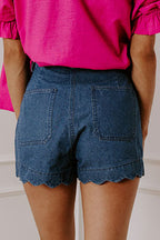 Sail Blue Scalloped Hemline Acid Wash High Waist Denim Shorts