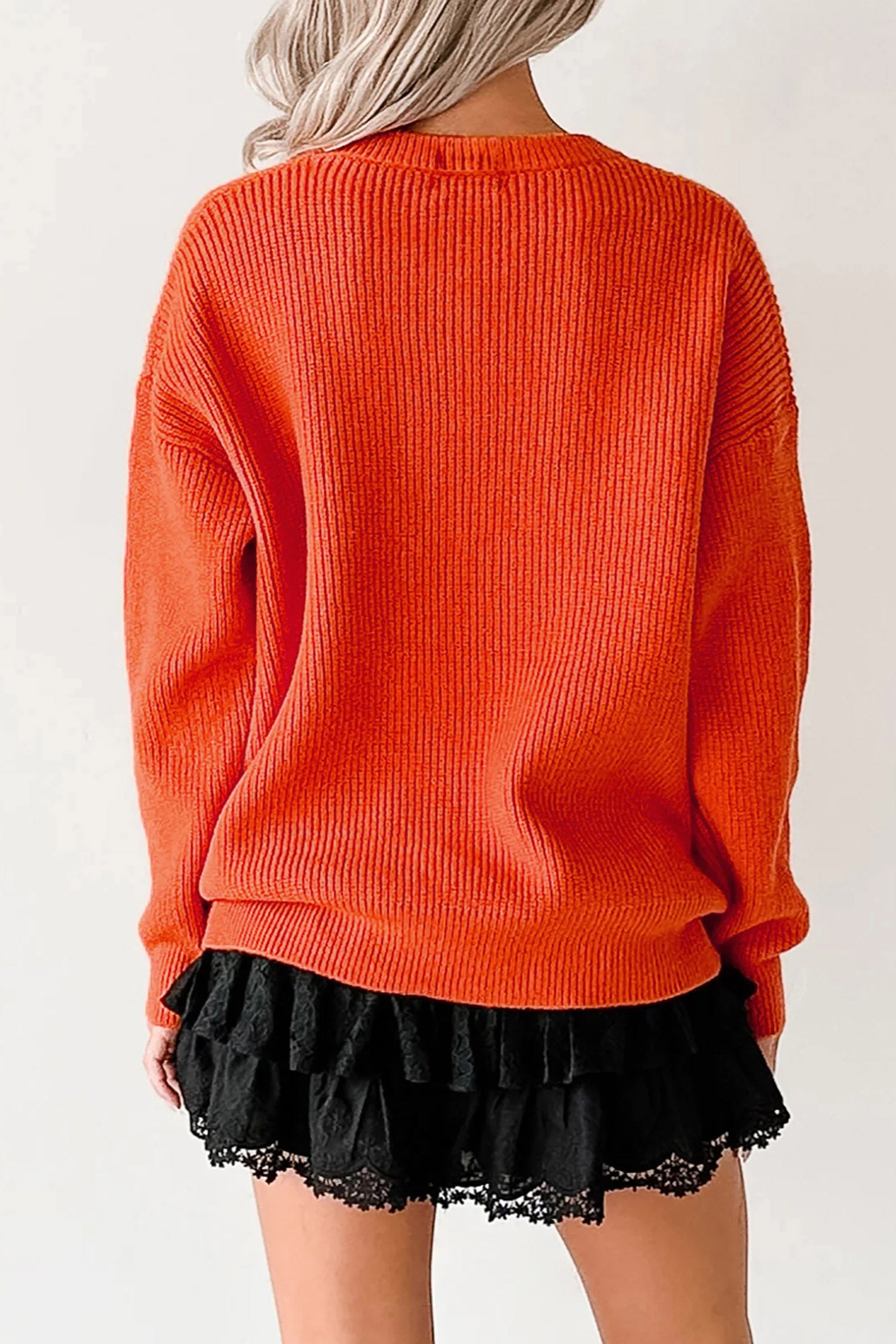 Orange Drop Shoulder Long Sleeve Round Neck Halloween Sweater