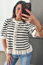 Beige Stripe Ruffle Trim Button Down Knit Short Sleeve Sweater Cardigan