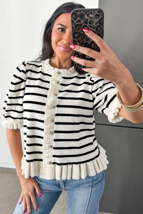 Beige Stripe Ruffle Trim Button Down Knit Short Sleeve Sweater Cardigan