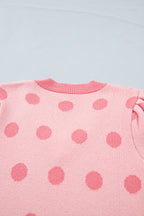 Rose Red Polka Dot Puff Short Sleeve Sweater Top