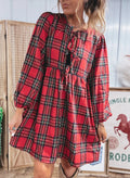 Red Plaid Tie Front Long Sleeve Short Shift Dress