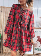 Red Plaid Tie Front Long Sleeve Short Shift Dress