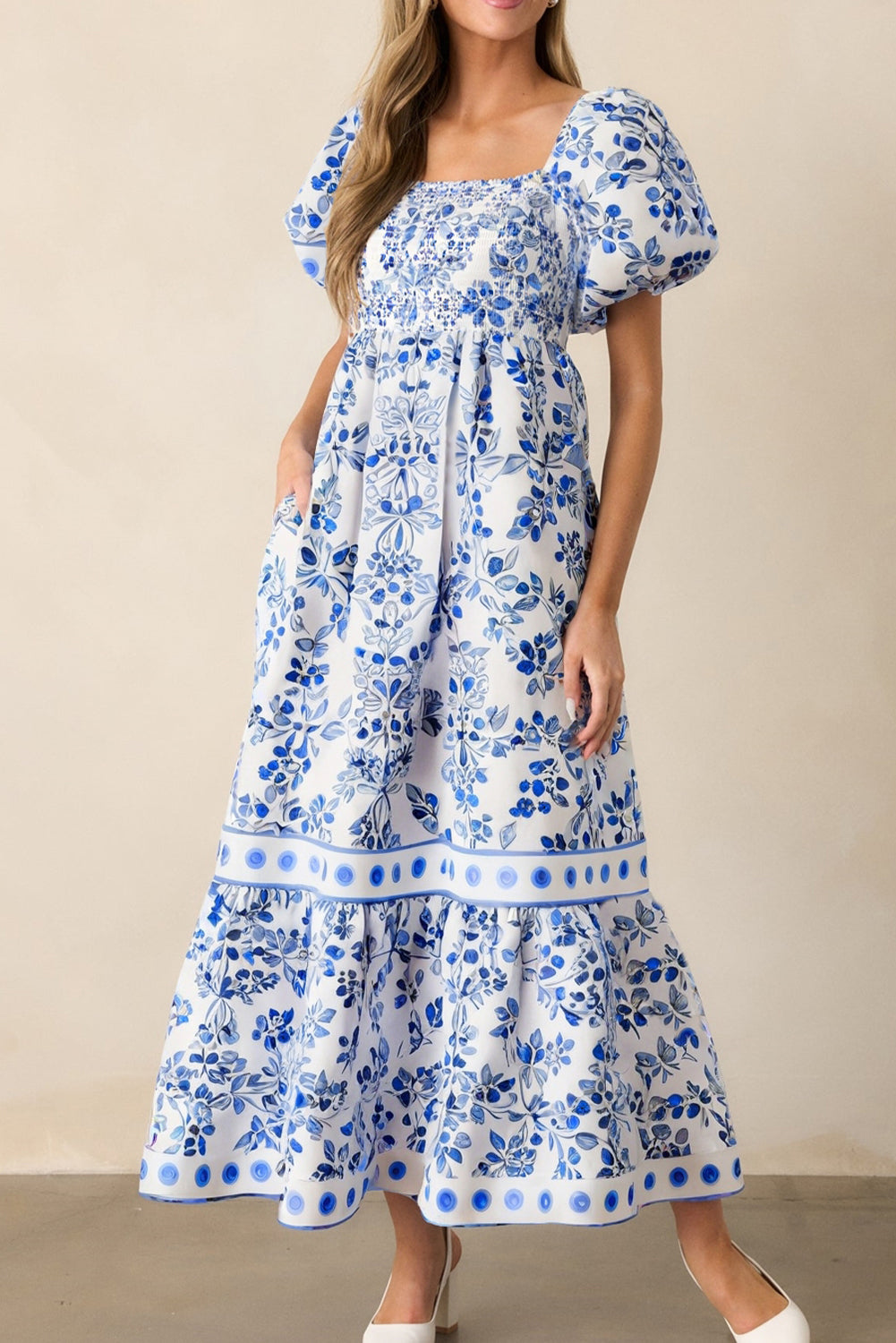 Sky Blue Floral Print Square Neck Bubble Sleeve High Waist Maxi Dress