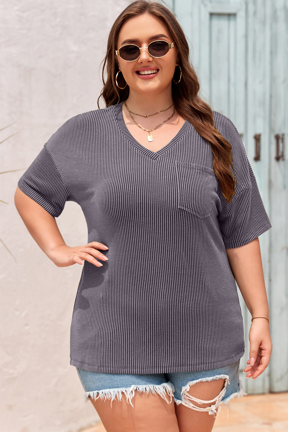 White Textured V-Neck Dropped Shoulder Plus T-Shirt