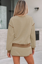 Stripe Textured Drop Shoulder Pullover Top Drawstring Mini Skort Two Piece Dress Set