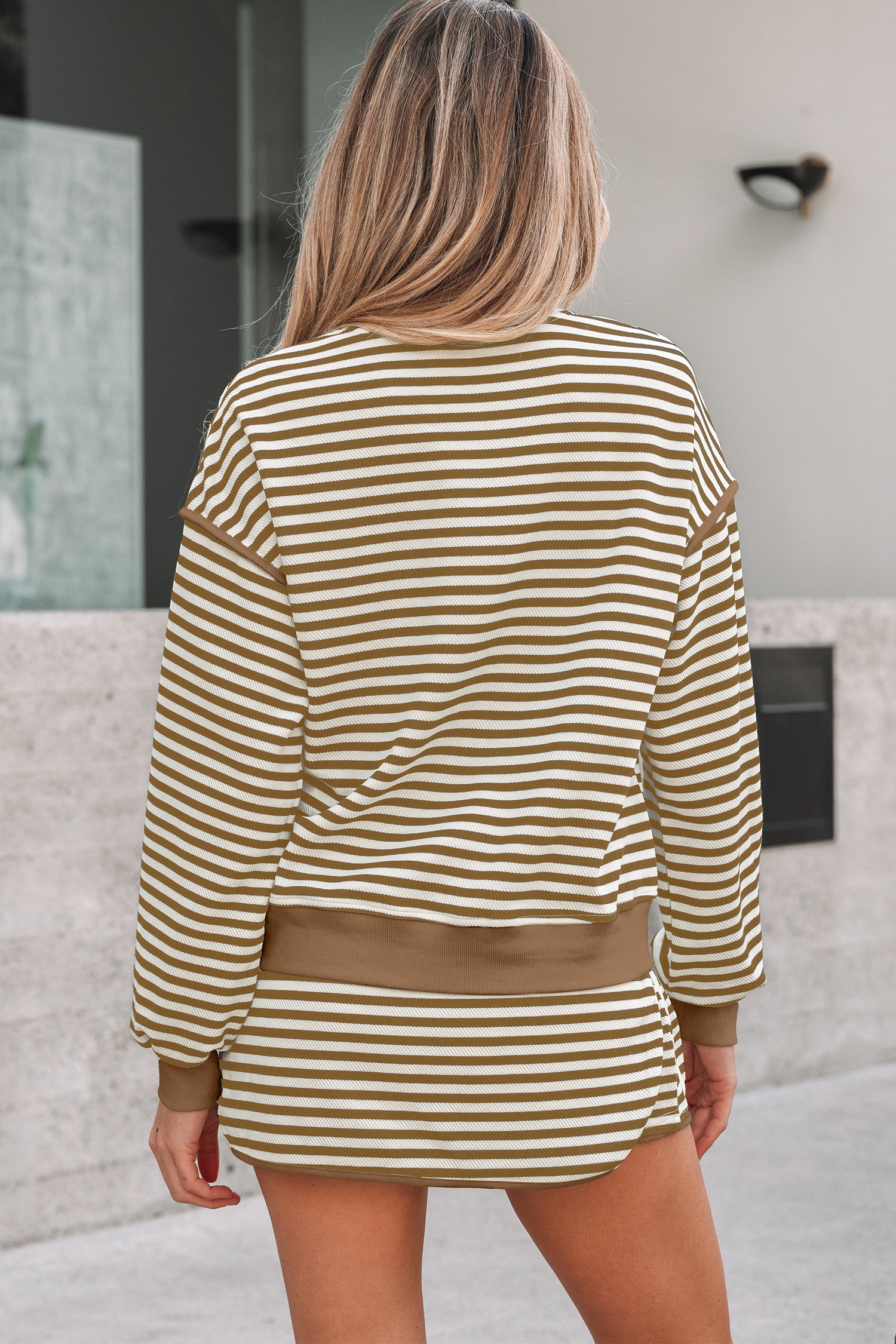 Stripe Textured Drop Shoulder Pullover Top Drawstring Mini Skort Two Piece Dress Set
