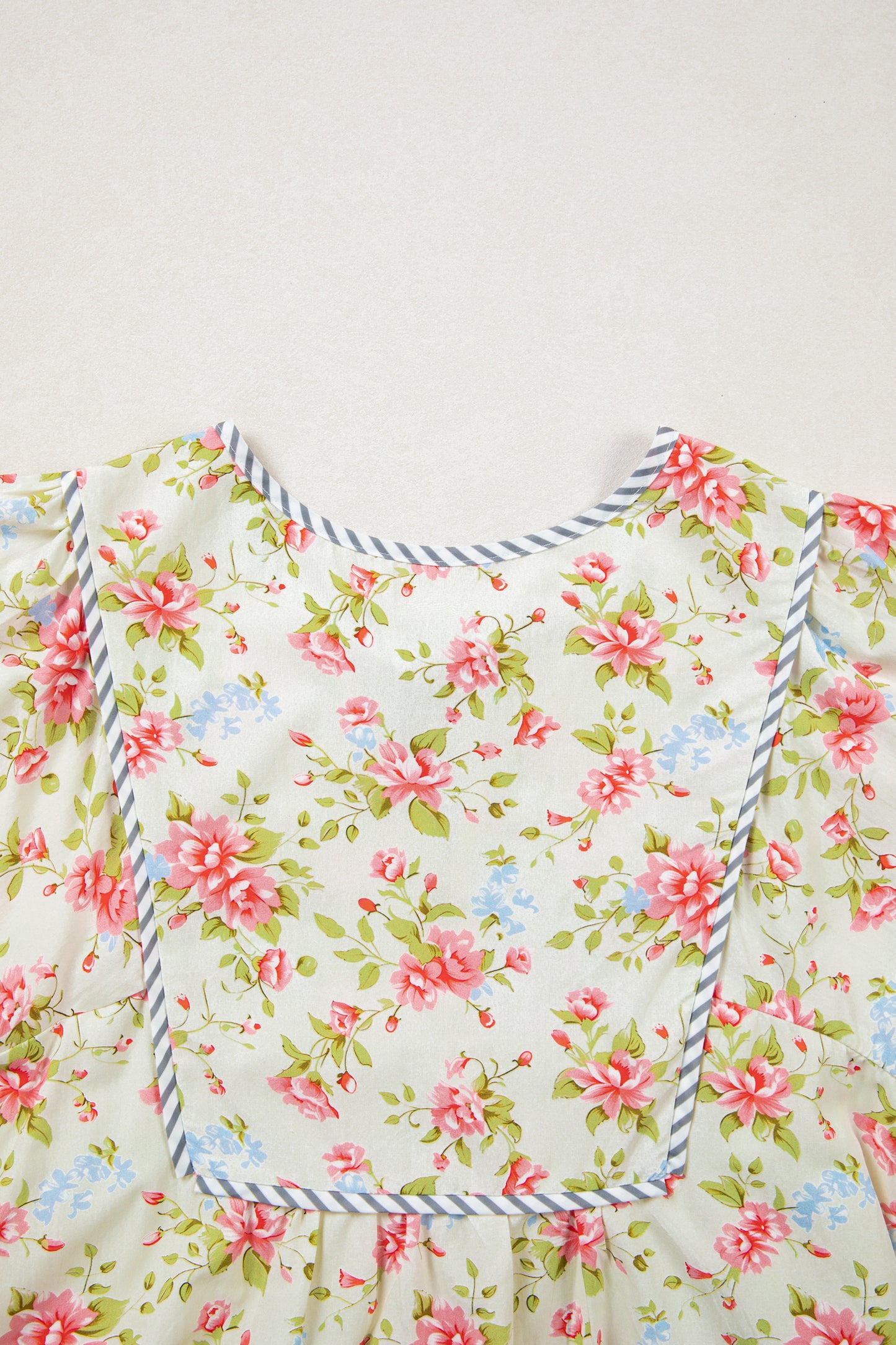 Apricot Striped Edge 3/4 Puff Sleeve Floral Dress