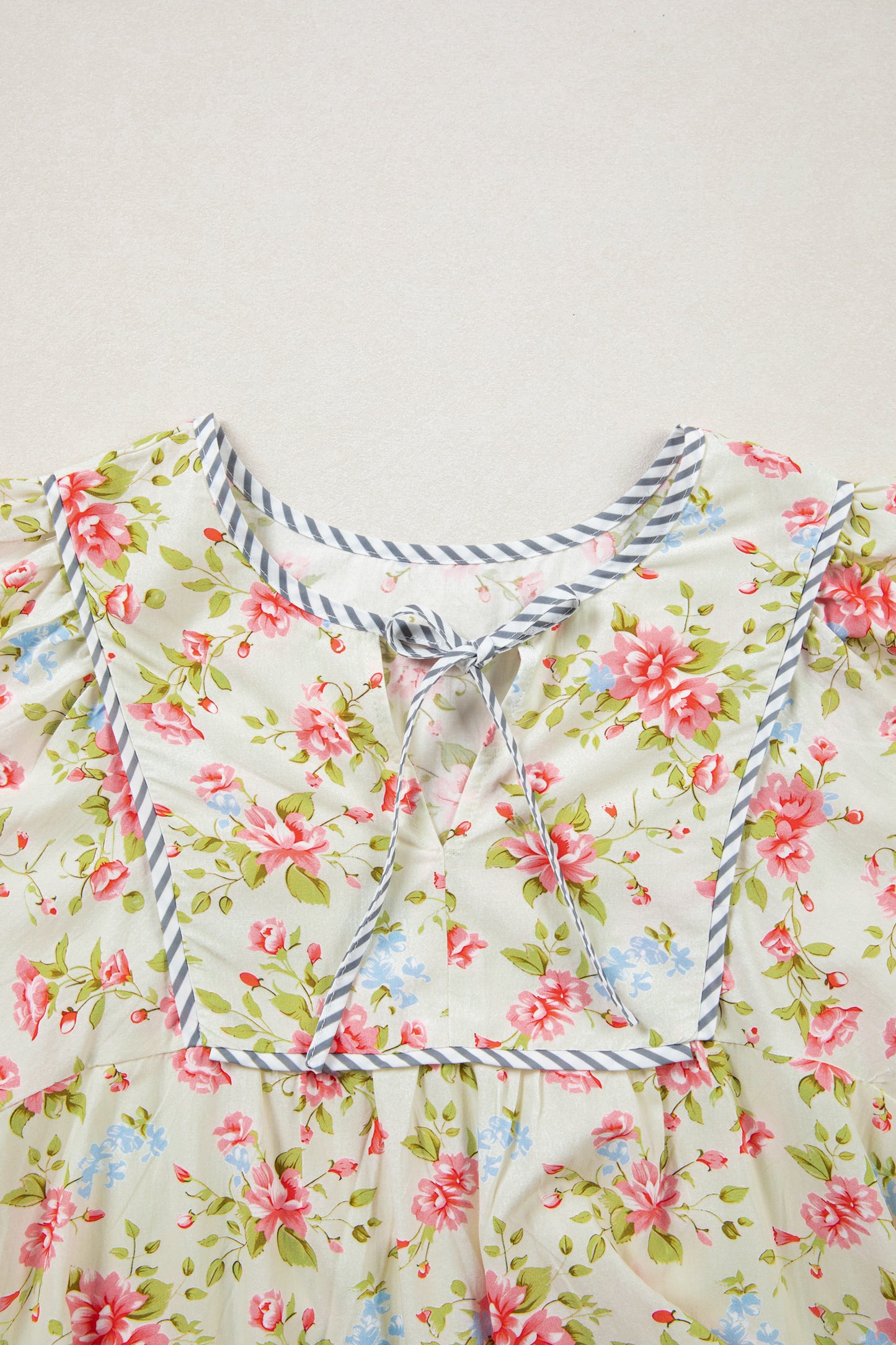 Apricot Striped Edge 3/4 Puff Sleeve Floral Dress