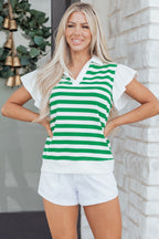 Black Stripe Collar V Neck Ruffled Short Sleeve Blouse