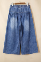 Dusk Blue High Rise Buttons Pleated Cropped Wide Leg Denim Pants