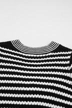 Black Stripe Short Sleeve Knit V Neck Bow Knot Sweater