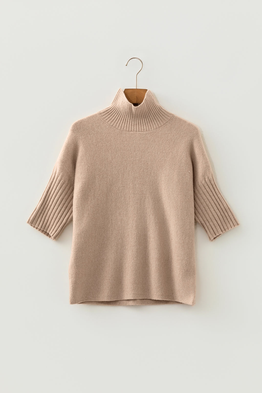 Beige Ribbed Trim High Neck Short Sleeve Casual Sweater