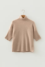 Beige Ribbed Trim High Neck Short Sleeve Casual Sweater