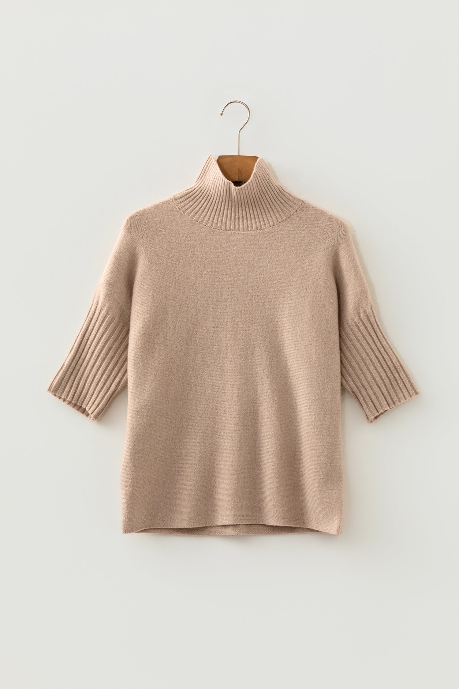 Beige Ribbed Trim High Neck Short Sleeve Casual Sweater