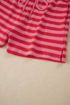 Red Stripe Puff Short Sleeve T Shirt Matching Shorts Set